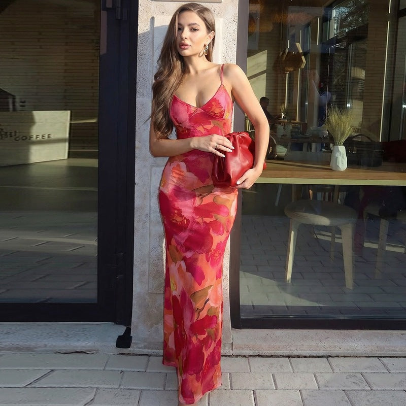 Floral Print Sleeveless Strap Skinny Sheath Dress