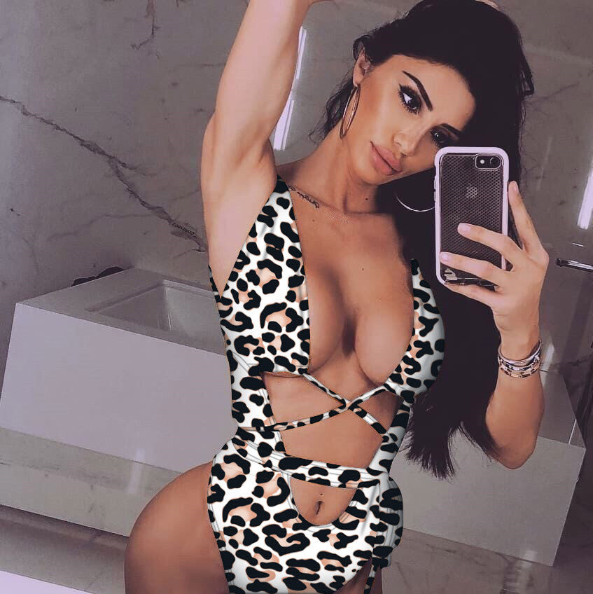 LEOPARD PRINT HOLLOW OUT STRAP ONE-PIECE SWIMSUIT BIKNI