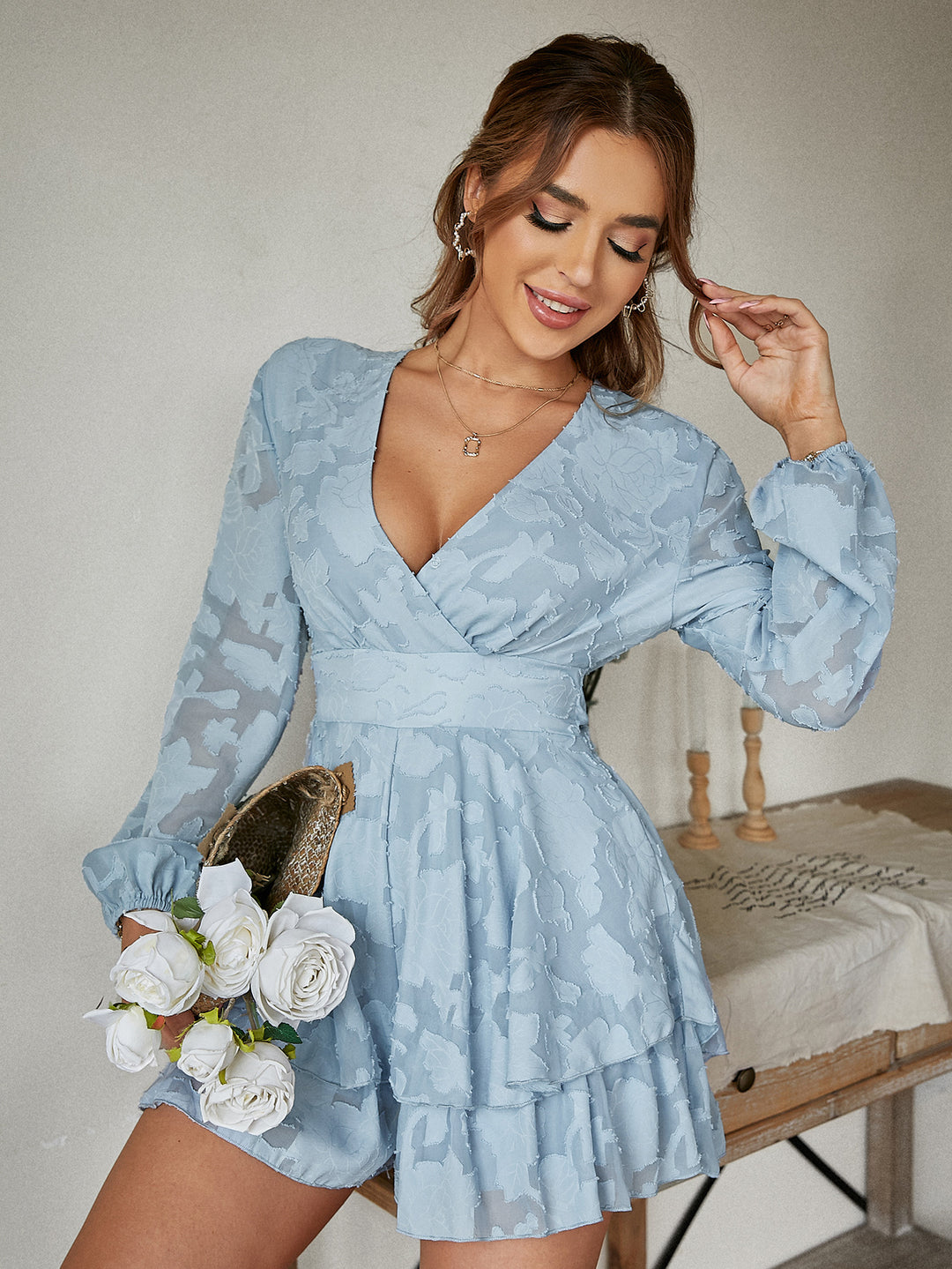 HOLIDAY V-NECK LONG SLEEVE SPRING SUMMER RUFFLE LACE UP DRESS
