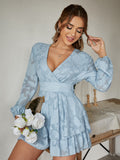 HOLIDAY V-NECK LONG SLEEVE SPRING SUMMER RUFFLE LACE UP DRESS