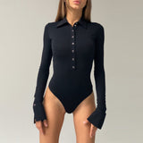 SEXY COLLAR  BUTTON LAPEL LONG SLEEVE BODYSUITS