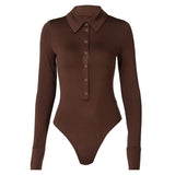 SEXY COLLAR  BUTTON LAPEL LONG SLEEVE BODYSUITS