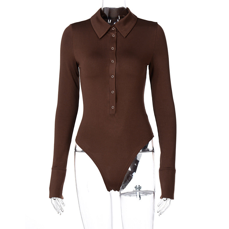 SEXY COLLAR  BUTTON LAPEL LONG SLEEVE BODYSUITS