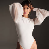 STITCHING MESH SEE-THROUGH LONG SLEEVE ROUND NECK BODYSUITS