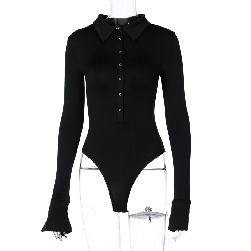 SEXY COLLAR  BUTTON LAPEL LONG SLEEVE BODYSUITS