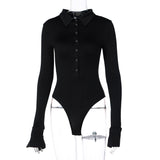 SEXY COLLAR  BUTTON LAPEL LONG SLEEVE BODYSUITS