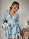 HOLIDAY V-NECK LONG SLEEVE SPRING SUMMER RUFFLE LACE UP DRESS