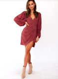 Lantern Sleeve V-Neck Wrap Mini Dress for Women