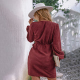 Lantern Sleeve V-Neck Wrap Mini Dress for Women