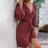 Lantern Sleeve V-Neck Wrap Mini Dress for Women