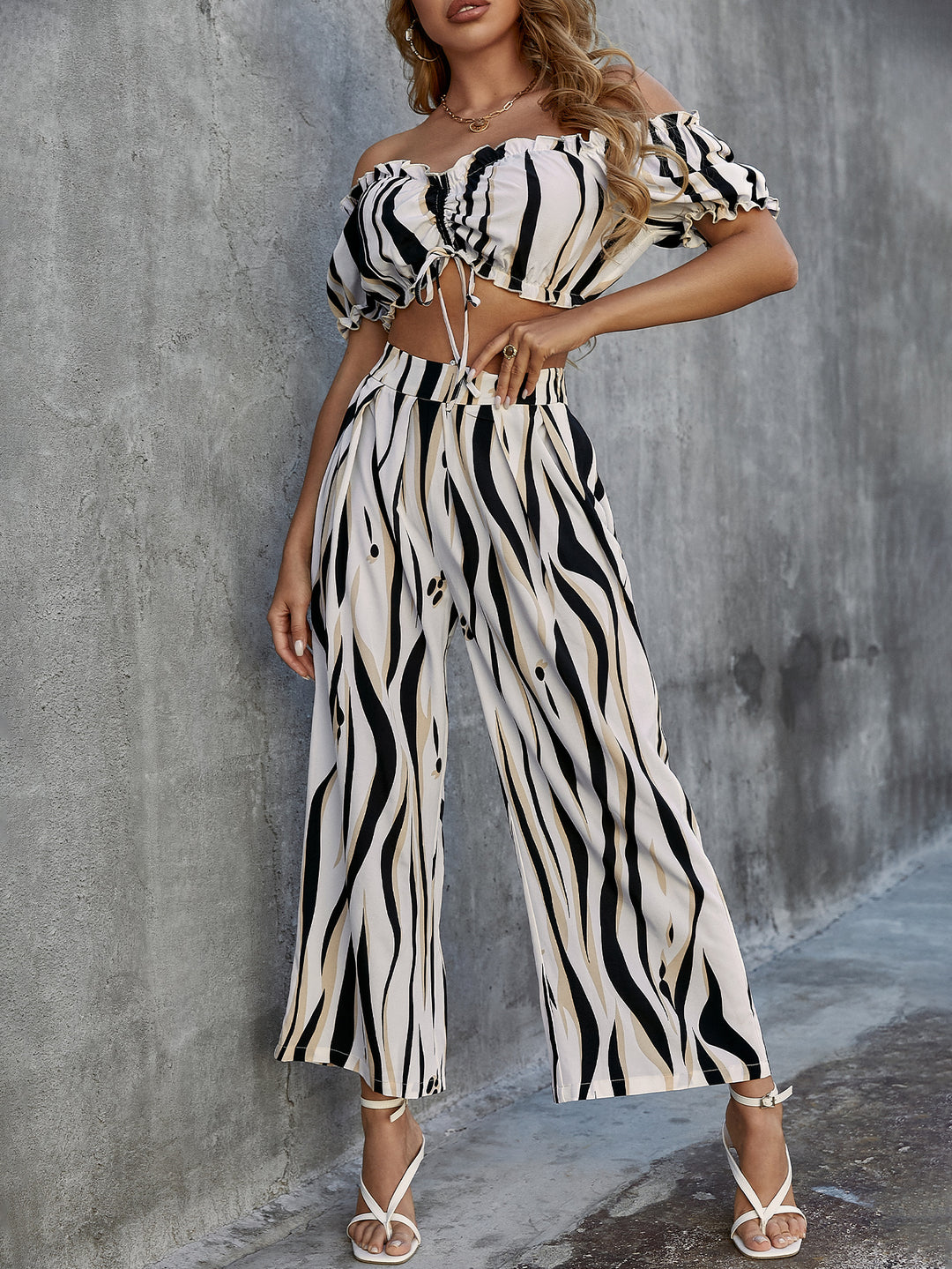 OFF SHOULDER RUFFLES CROP TOP AND WIDE LEG PANTS SUIT