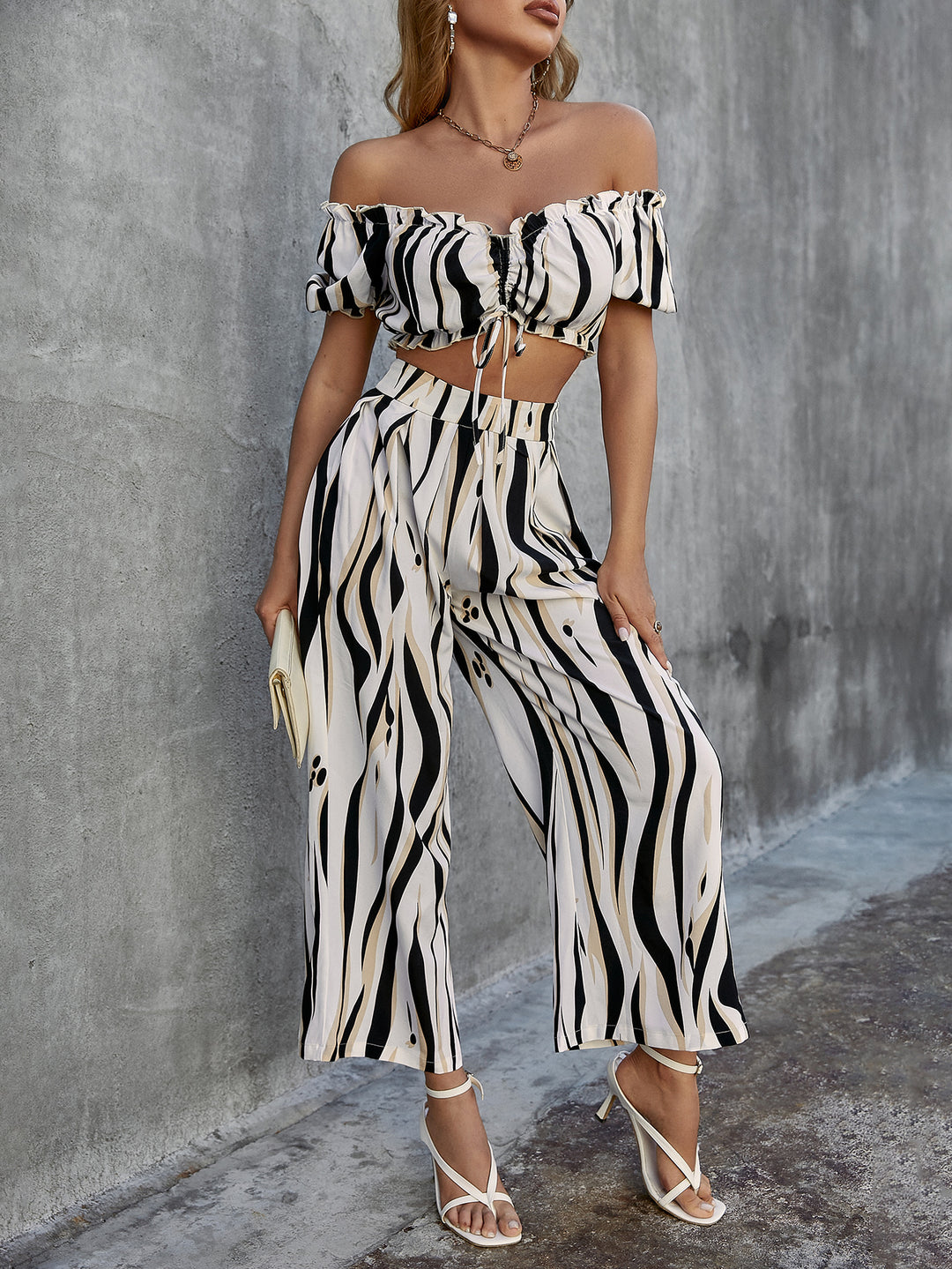 OFF SHOULDER RUFFLES CROP TOP AND WIDE LEG PANTS SUIT
