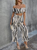 OFF SHOULDER RUFFLES CROP TOP AND WIDE LEG PANTS SUIT