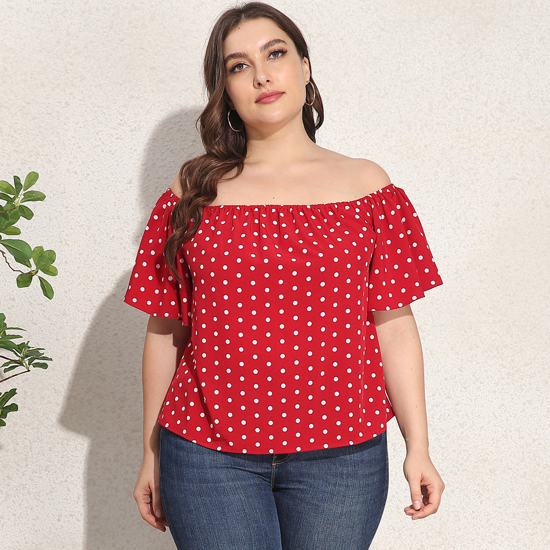 LOOSE PLUS SIZE RED SHORT-SLEEVED OFF-NECK FASHION TOP