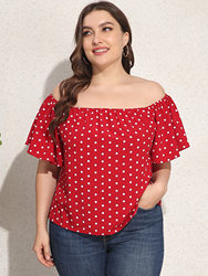 LOOSE PLUS SIZE RED SHORT-SLEEVED OFF-NECK FASHION TOP