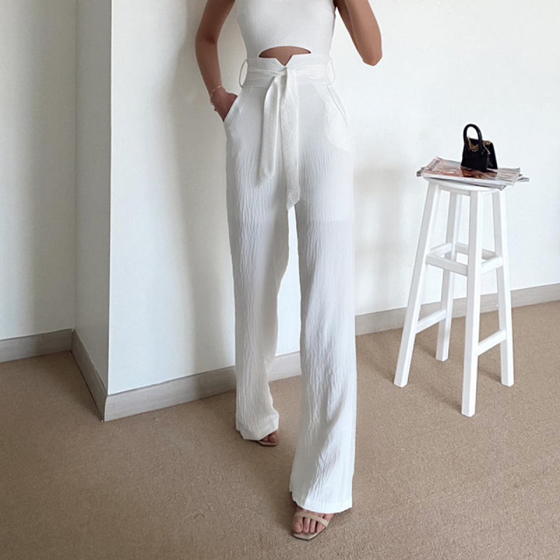 HIGH WAIST BELT LONG BOTTOMS SOLID POCKET LOOSE PANTS