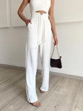 HIGH WAIST BELT LONG BOTTOMS SOLID POCKET LOOSE PANTS