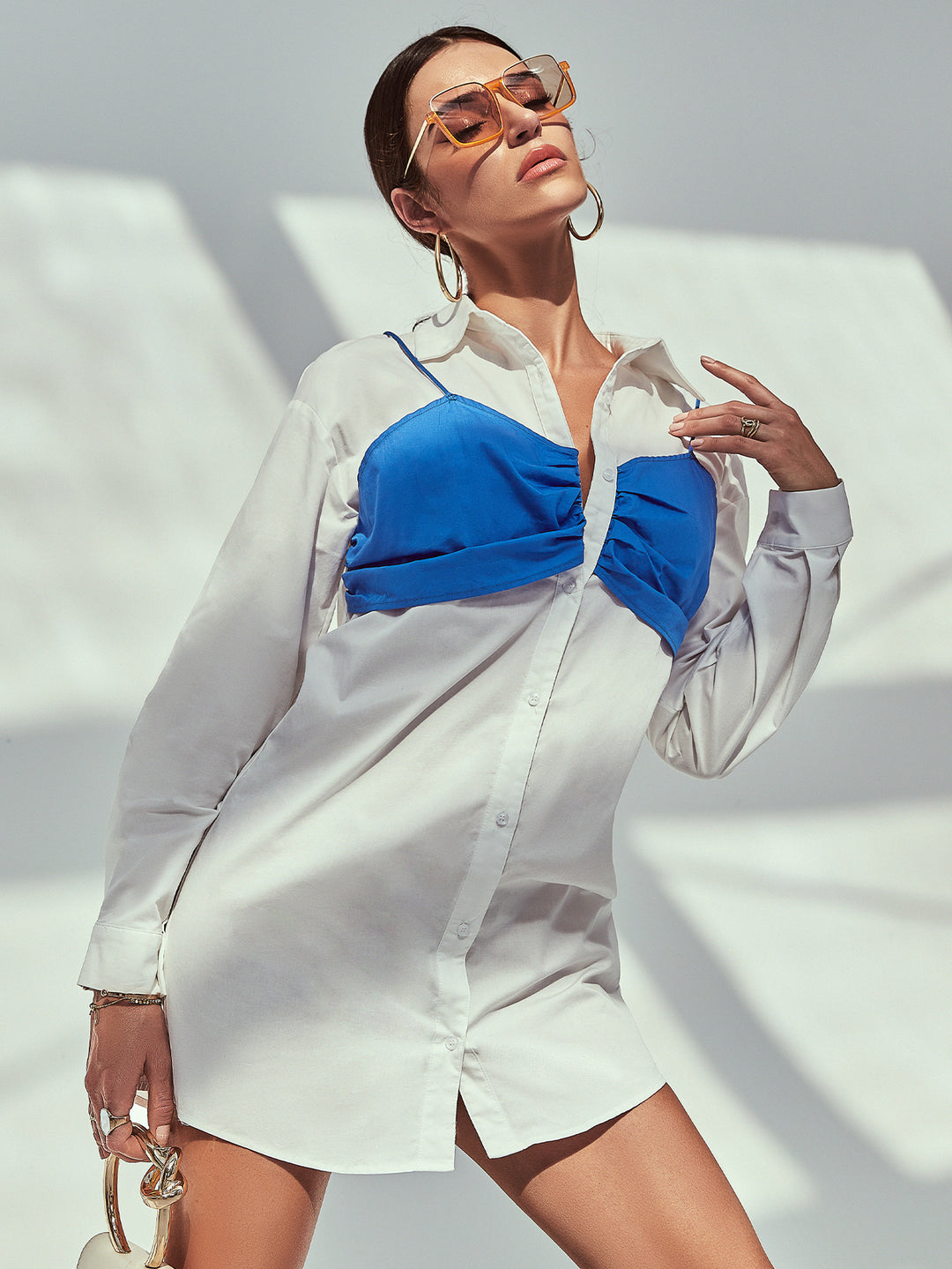 SPAGHETTI STRAP LONG SLEEVE SHIRT  SLIM BLOUSE MINI DRESS