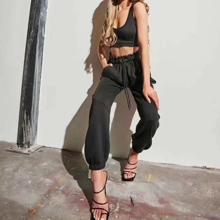 CASUAL SIMPLE ELASTIC WAIST TIGHT BOTTOM TRACK PANTS