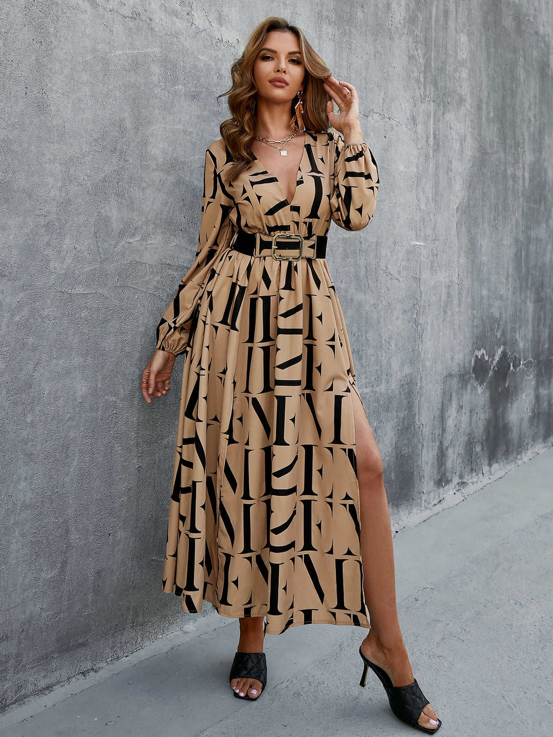 ELEGANT LONG SLEEVE HIGH WAIST BELT MAXI DRESS