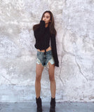 SLIM-FIT HIGH WAIST WORN POCKET DENIM SHORTS