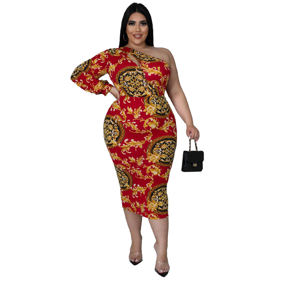CUTOUT ONE-SHOULDER LONG SLEEVE PRINTED PLUS SIZE WOMEN DRESS