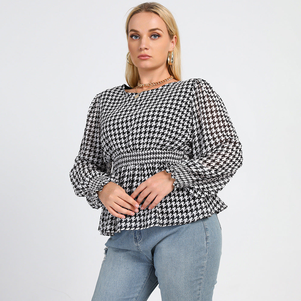 NEW BLACK AND WHITE PLAID PRINTED ROUND NECK WAIST FASHION TOP