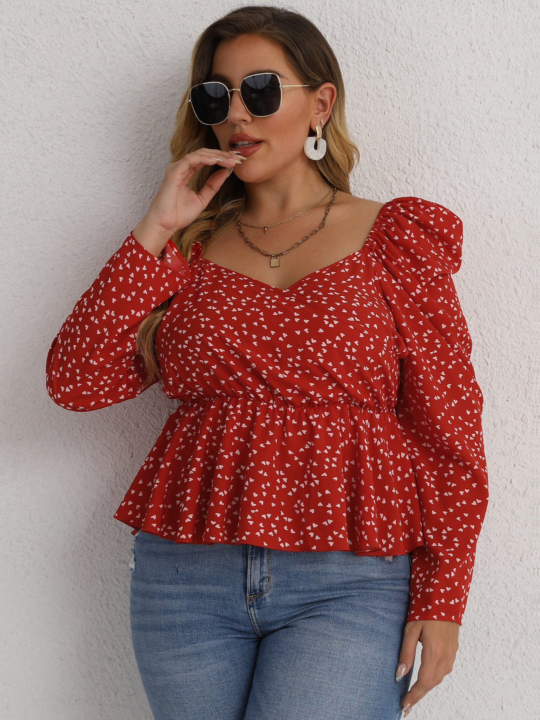 PLUS SIZE WAIST TRIMMING ROUND DOT RED LONG-SLEEVED TOP