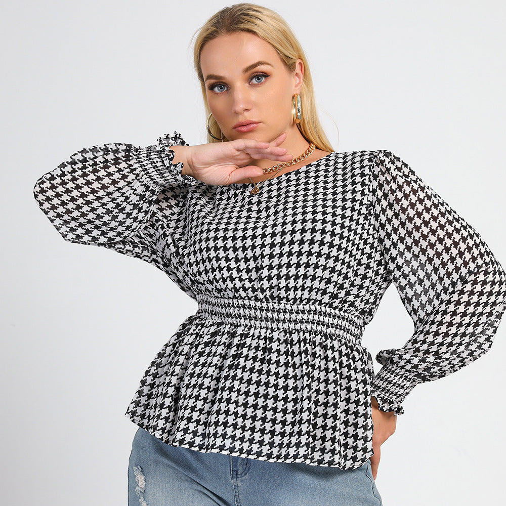 NEW BLACK AND WHITE PLAID PRINTED ROUND NECK WAIST FASHION TOP