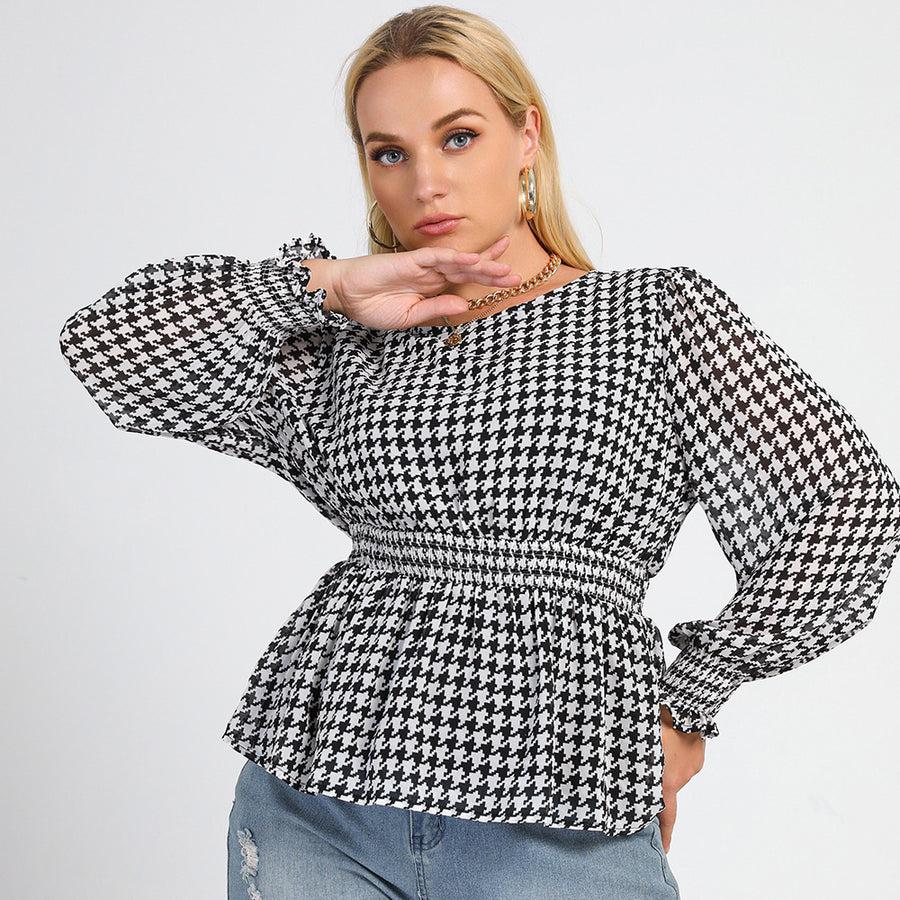 Black and White Plaid Round Neck Office Top for Women