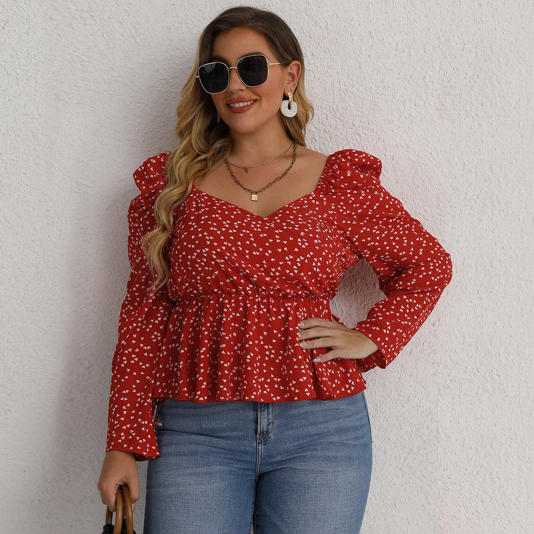 PLUS SIZE WAIST TRIMMING ROUND DOT RED LONG-SLEEVED TOP