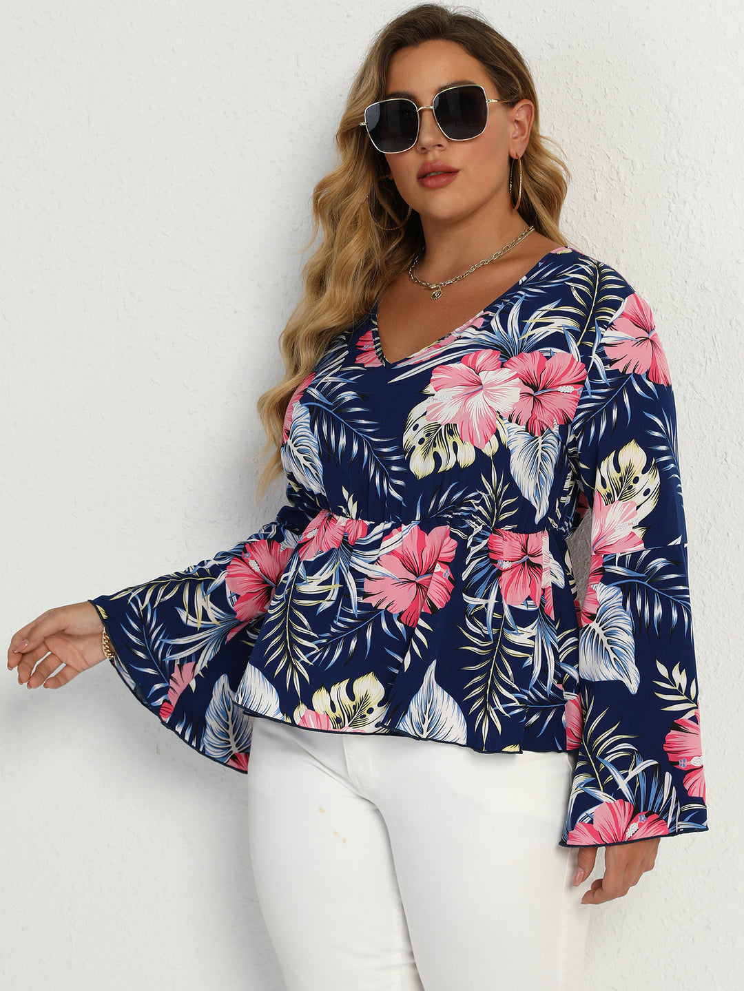 PLUS SIZE BLUE PRINTED WAIST-CONTROLLED LONG SLEEVE TOP