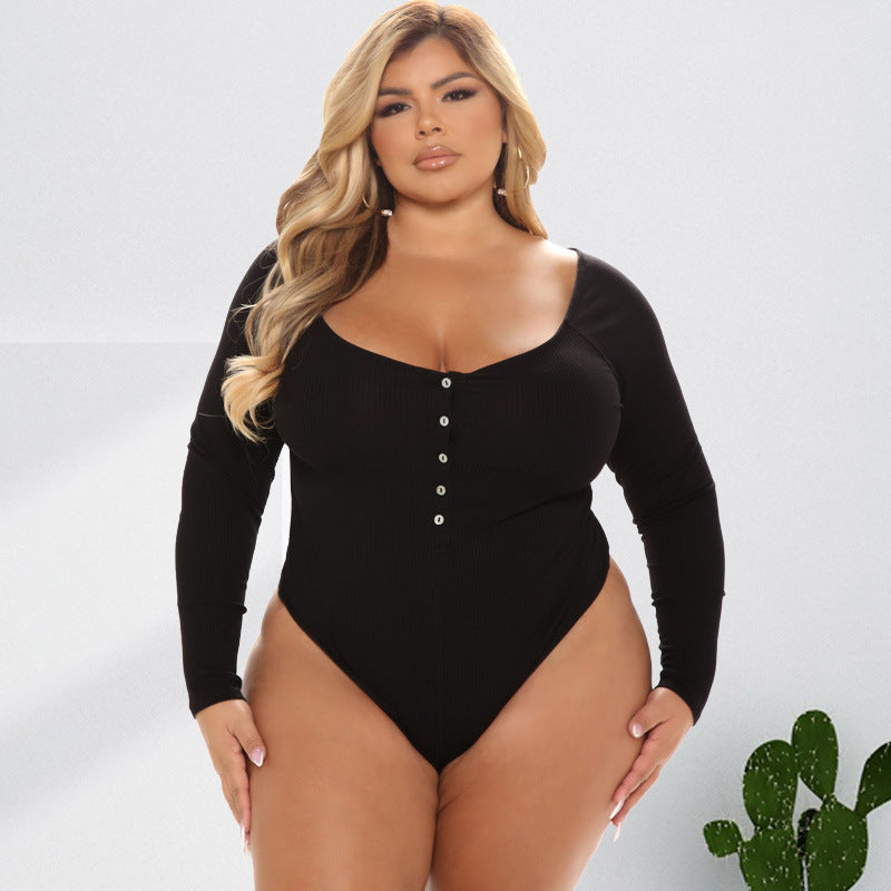 Plus Size U-Neck Long Sleeve Solid Jumpsuit for Women