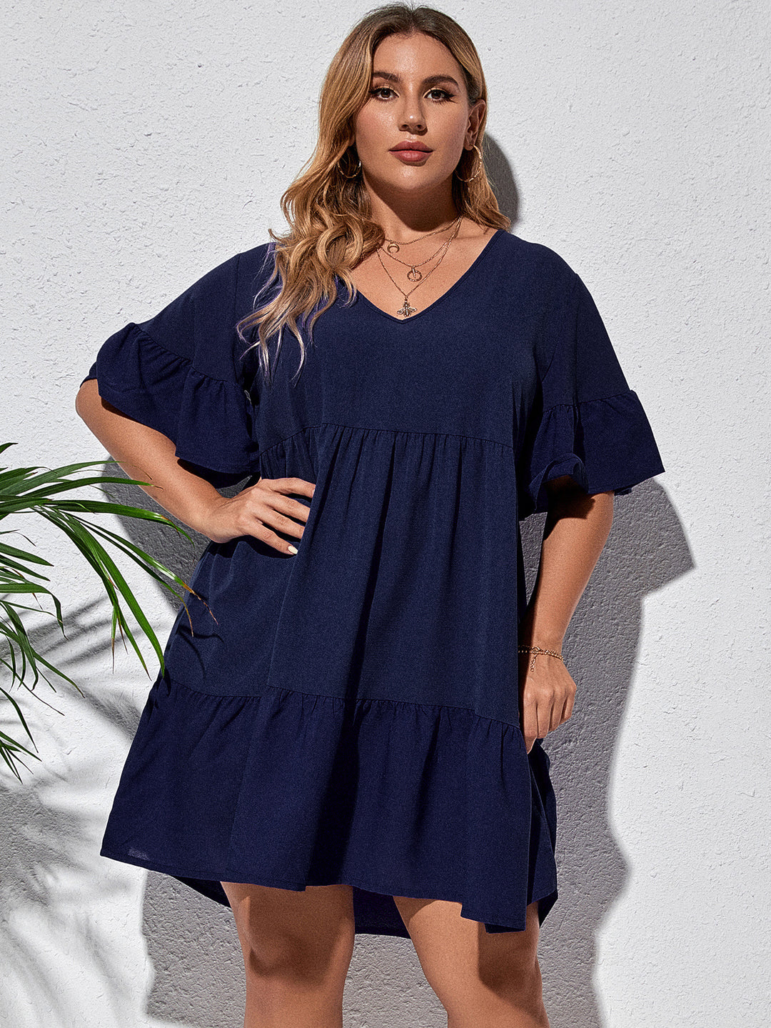 V-NECK PLEATED STITCHING ELEGANT PLUS SIZE WOMEN DRESS