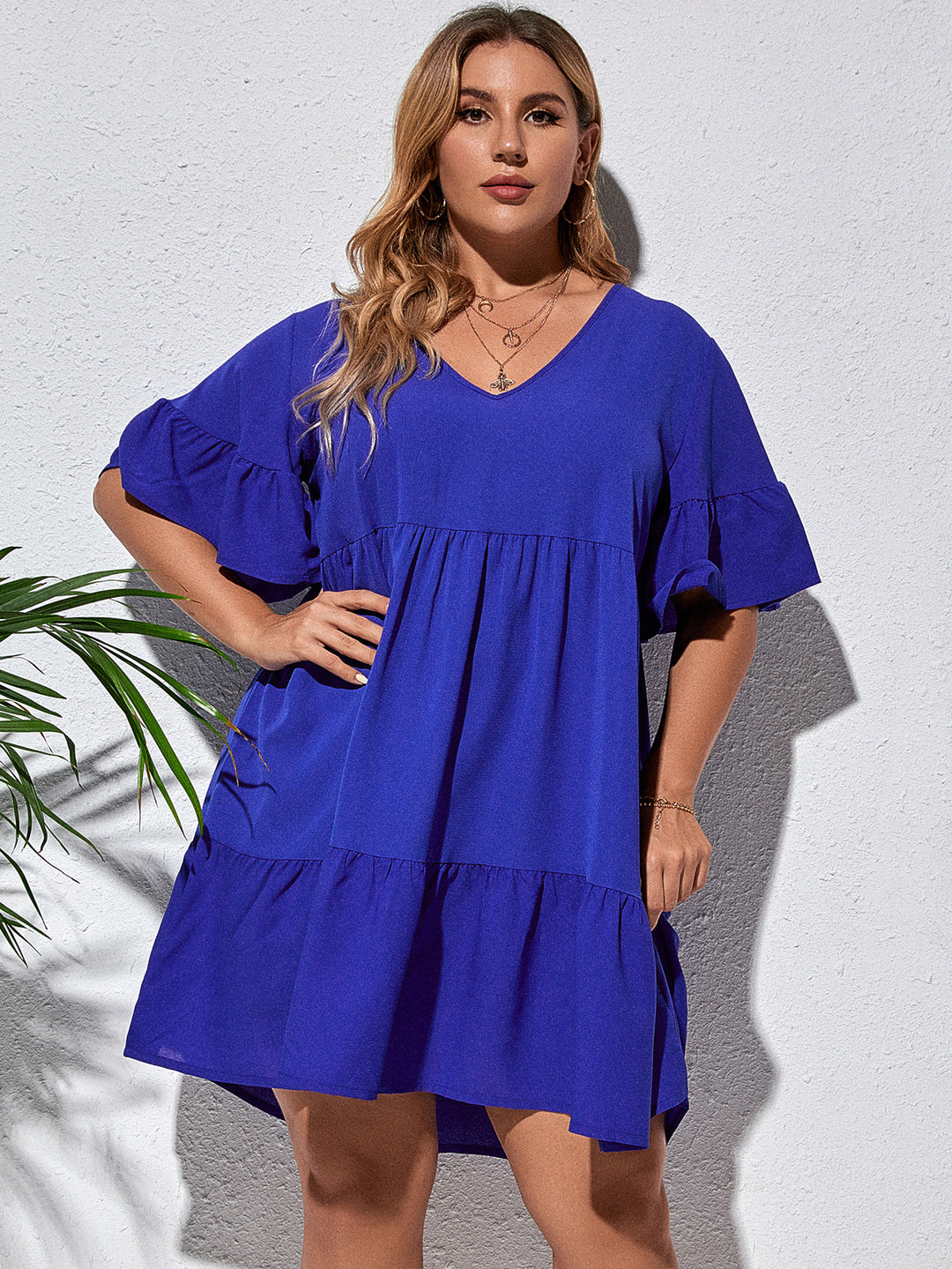 V-NECK PLEATED STITCHING ELEGANT PLUS SIZE WOMEN DRESS