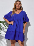 V-NECK PLEATED STITCHING ELEGANT PLUS SIZE WOMEN DRESS