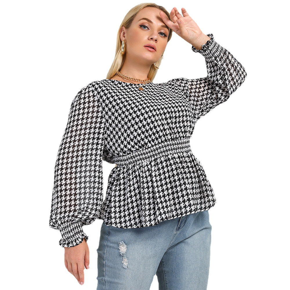 NEW BLACK AND WHITE PLAID PRINTED ROUND NECK WAIST FASHION TOP