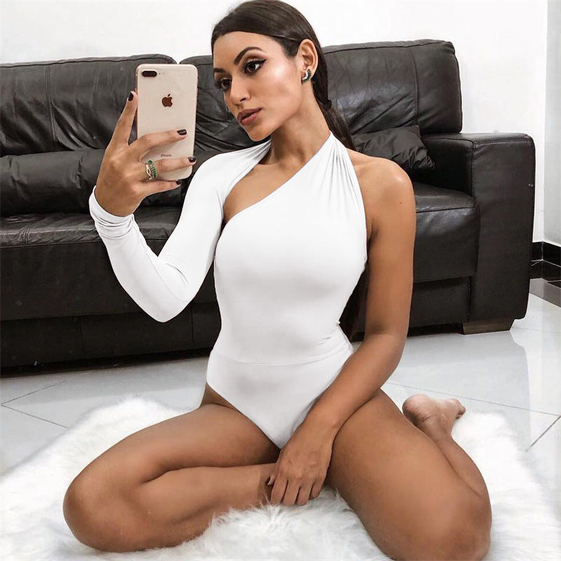 FALL WINTER FASHION BACKLESS HALTER LONG SLEEVE TIGHT JUMPSUIT BODYSUIT