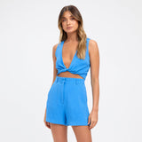 CROPPED COTTON LINEN WOMEN DEEP V-NECK SHORTS TWO-PIECE SUIT