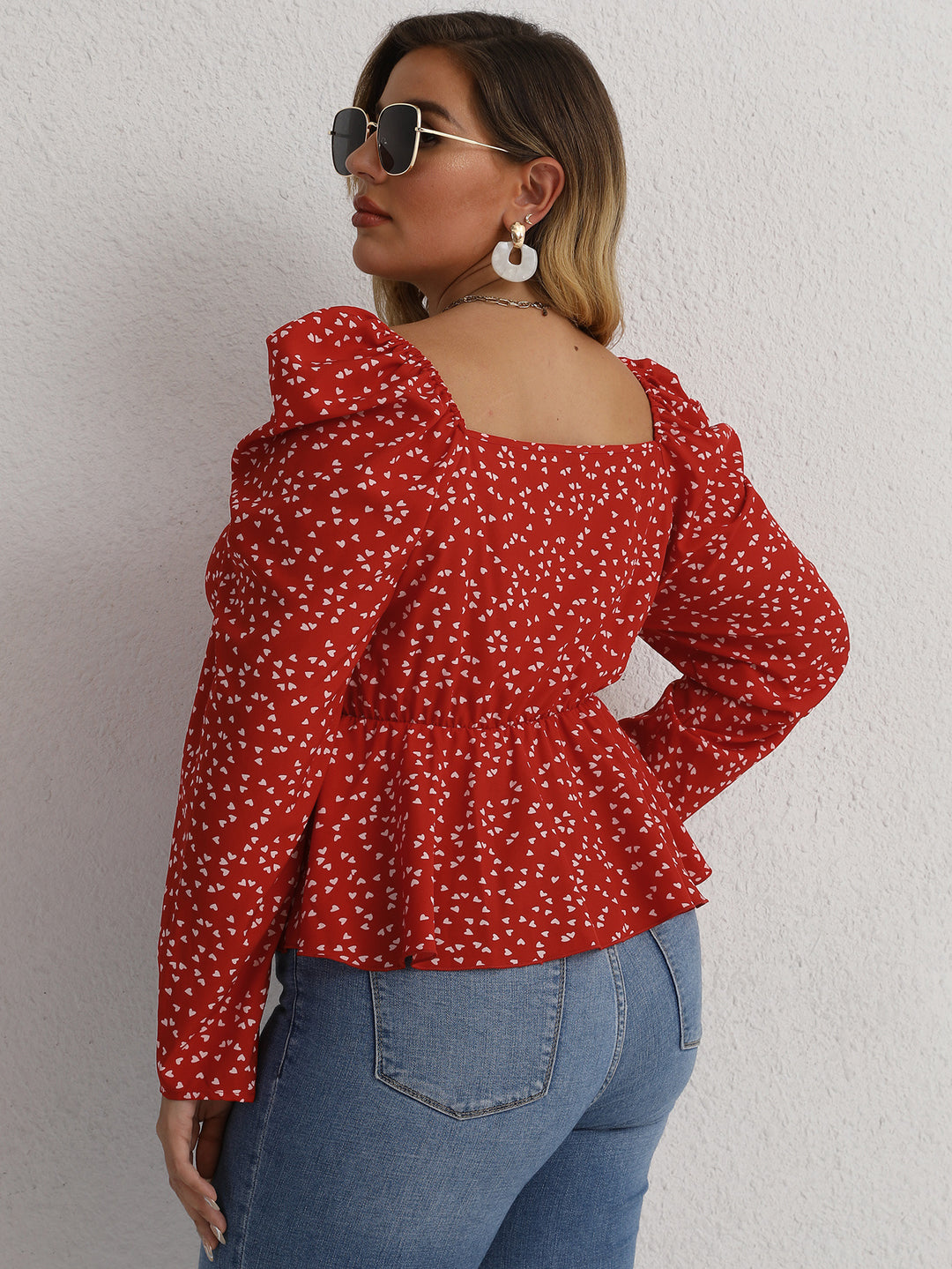 PLUS SIZE WAIST TRIMMING ROUND DOT RED LONG-SLEEVED TOP