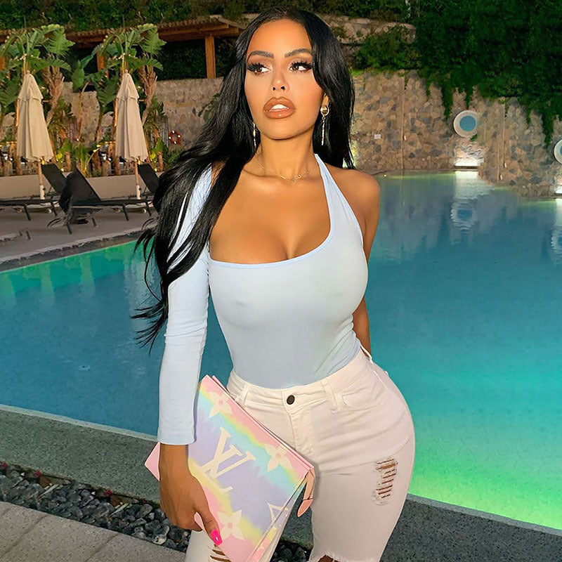 SOLID COLOUR IRREGULAR SHOULDER SINGLE SLEEVE BACKLESS BODYSUIT