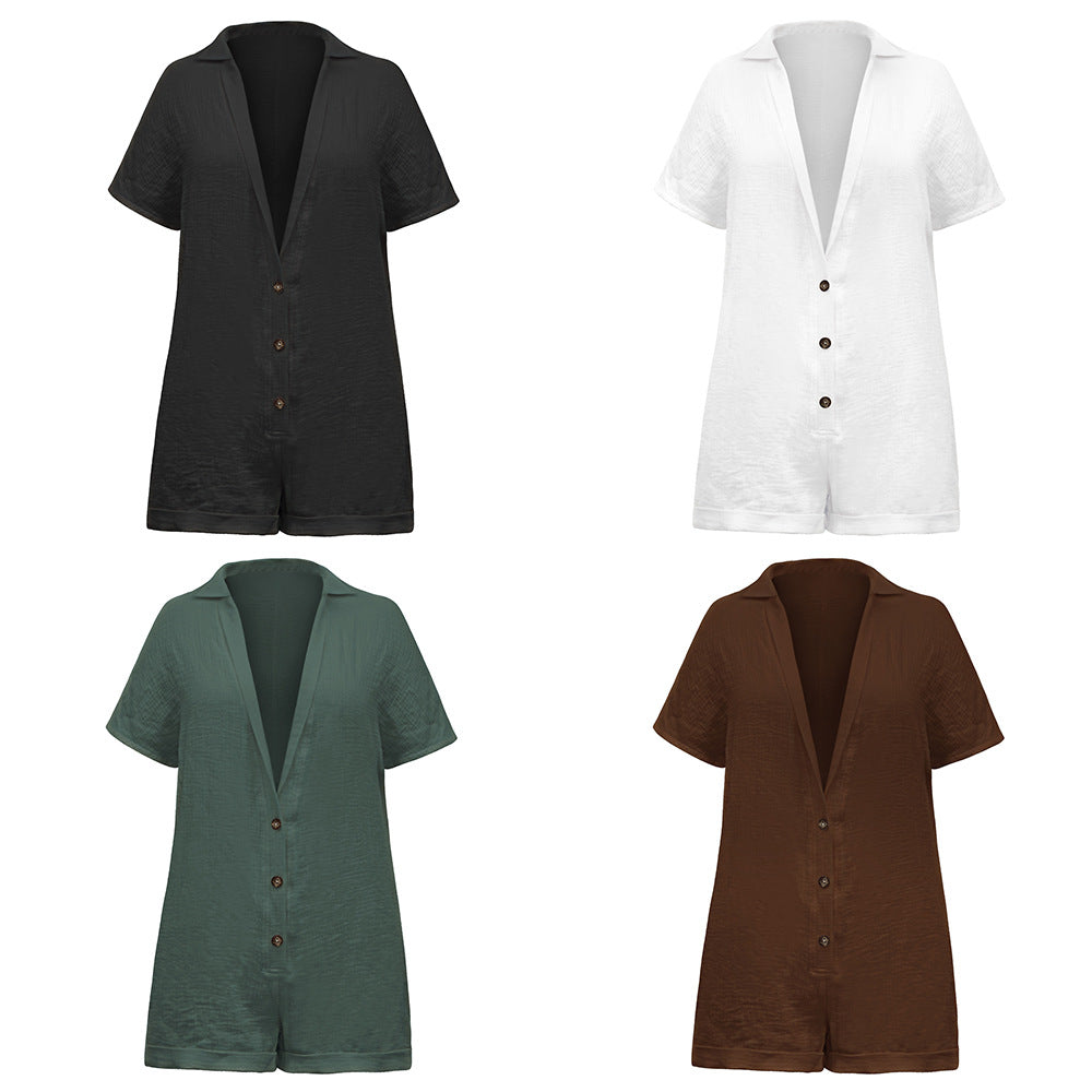 COTTON AND LINEN BREATHABLE COMFORTABLE LOOSE BUTTON DEEP V-NECK JUMPSUIT