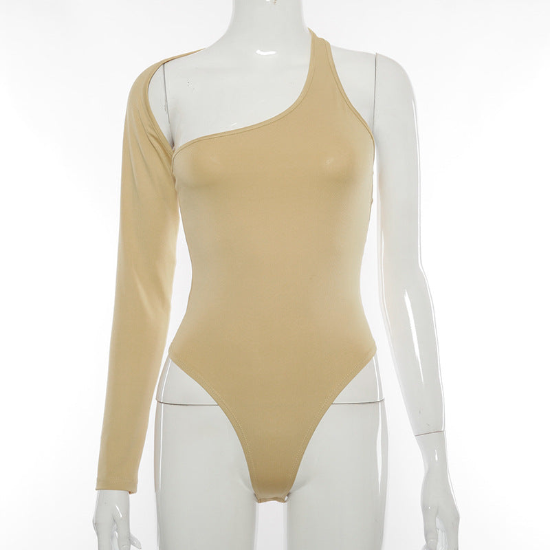 SOLID COLOUR IRREGULAR SHOULDER SINGLE SLEEVE BACKLESS BODYSUIT