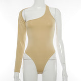 SOLID COLOUR IRREGULAR SHOULDER SINGLE SLEEVE BACKLESS BODYSUIT