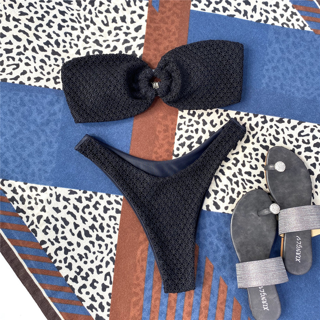 WOMEN SWIMWEAR RING HOLLOW-OUT TUBE TOP BIKINI