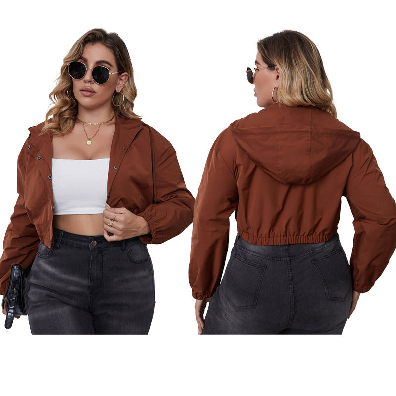 TRENDY SOLID COLOUR LONG SLEEVE SHORT HOODED ZIPPER JACKET