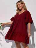 V-NECK PLEATED STITCHING ELEGANT PLUS SIZE WOMEN DRESS