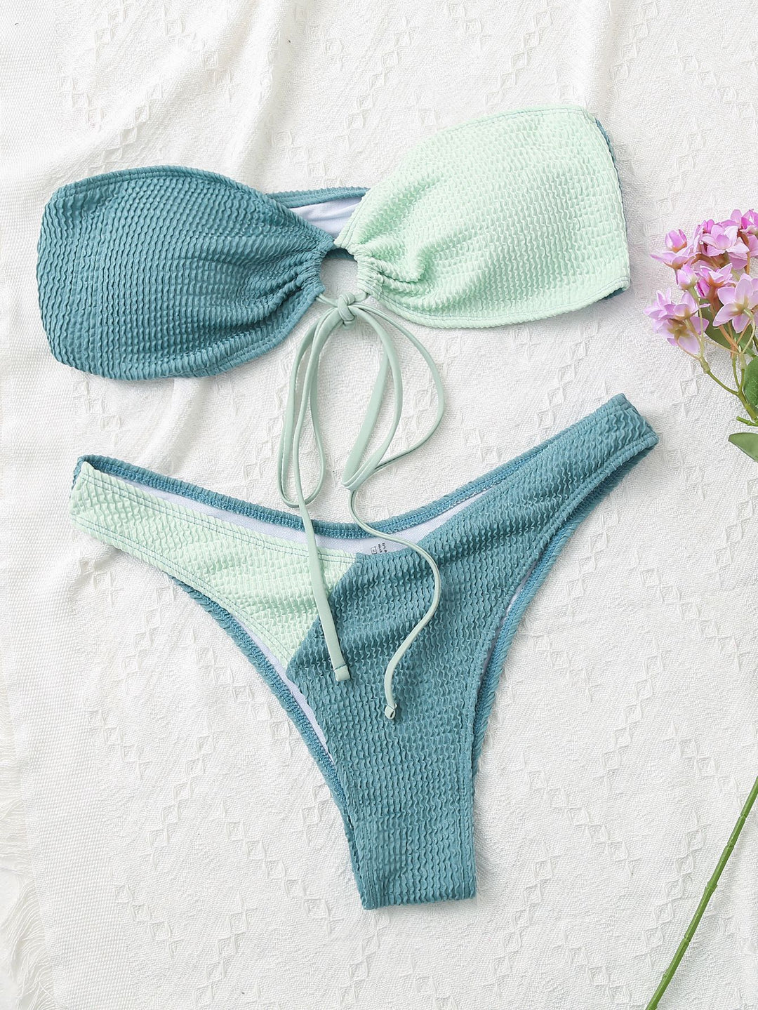 SNAKE CLOTH COLOUR MATCHING TUBE TOP LACE-UP BANDEAU BIKINI