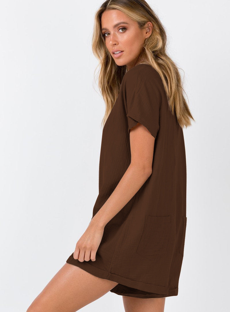 COTTON AND LINEN BREATHABLE COMFORTABLE LOOSE BUTTON DEEP V-NECK JUMPSUIT