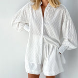 SHIRT JACQUARD LANTERN SLEEVE ELEGANT TOP SHORTS TWO PIECE
